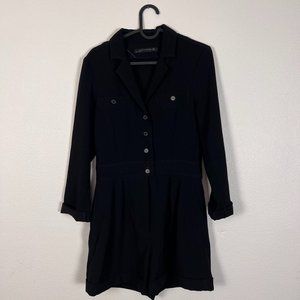 Zara Woman Black Notched Collar Button Front Romper Cuffed Hem Long Sleeve Sz S